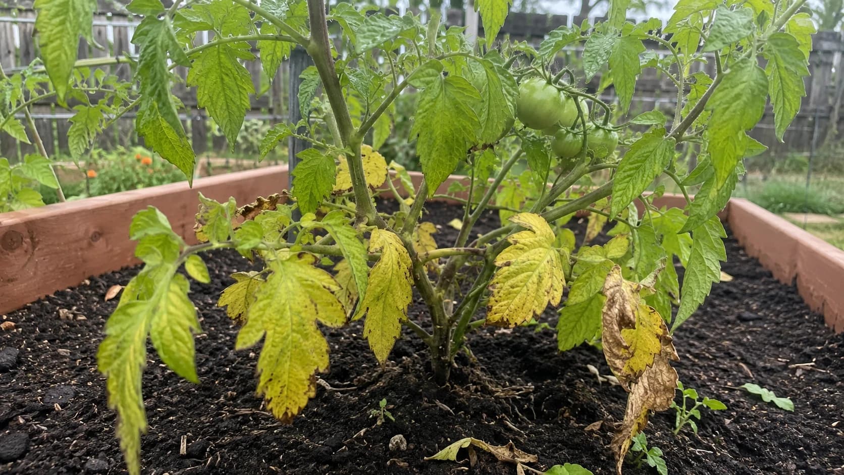 Tomato plant showing signs of stress